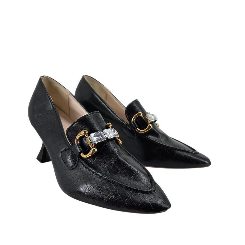 Sleek black faux croc-embossed loafer heels with a pointed toe